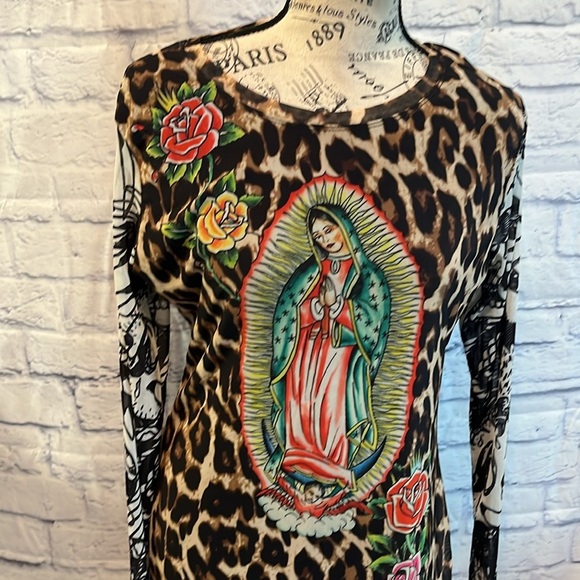 Ed Hardy “Dolls Kill” Mini Dress Leopard Virgin Mary Long Sleeves Y2K Size XL - Picture 3 of 11